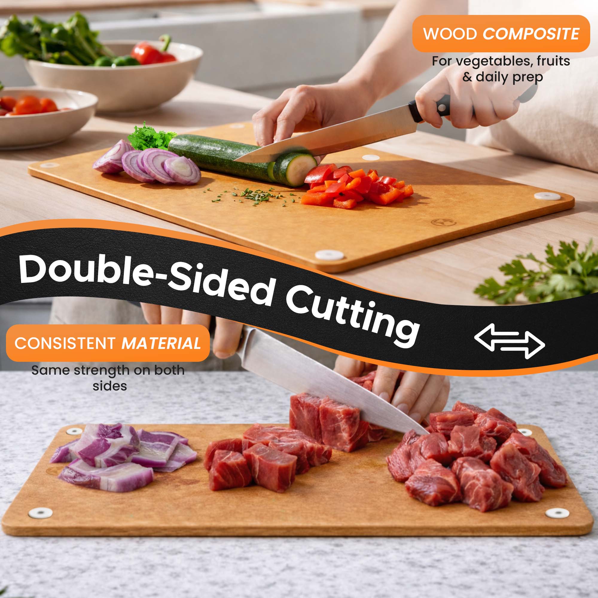 Double-sided cutting board with fruits and meats